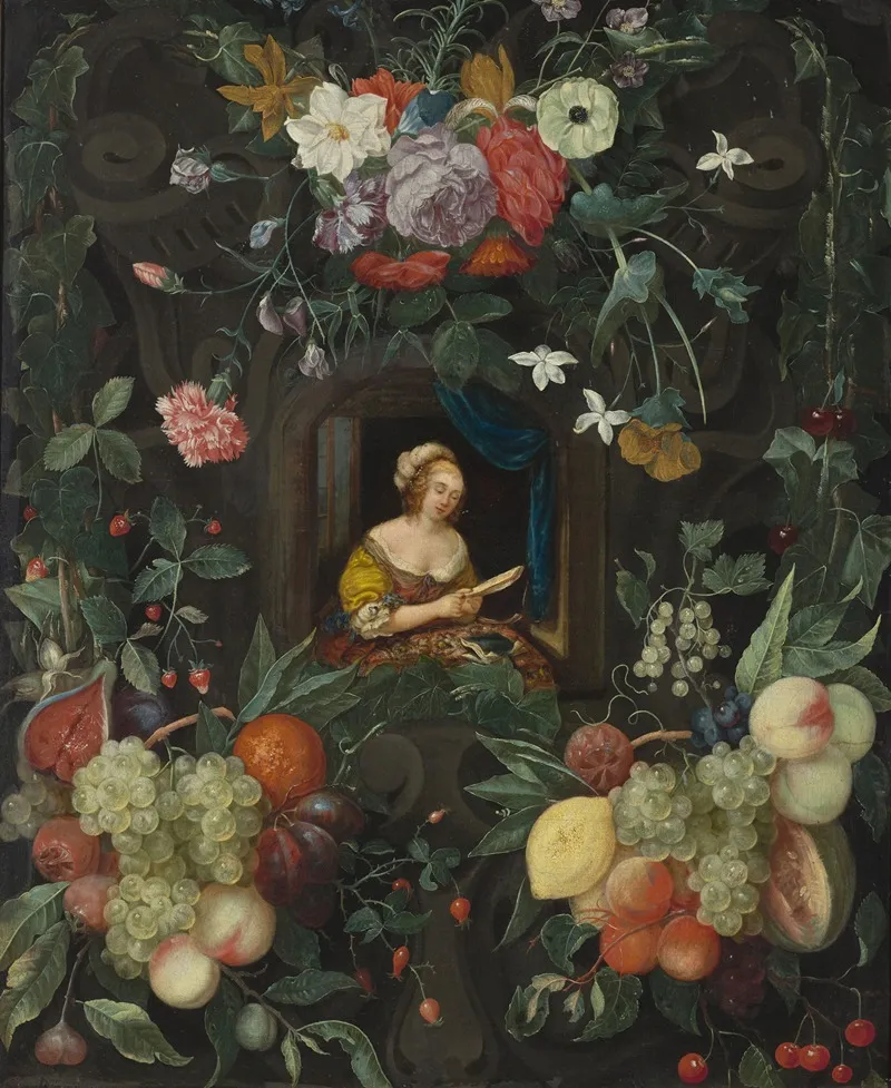 Portrait Of A Lady In A Circle Of Flowers Wall Art by Cornelis van Huynen - High-Resolution Digital Print