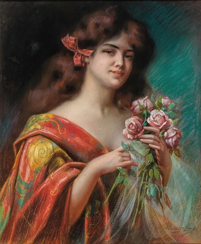 Portrait Of A Lady In A Negligee Holding Roses Wall Art by Delphin Enjolras - High-Resolution Digital Print