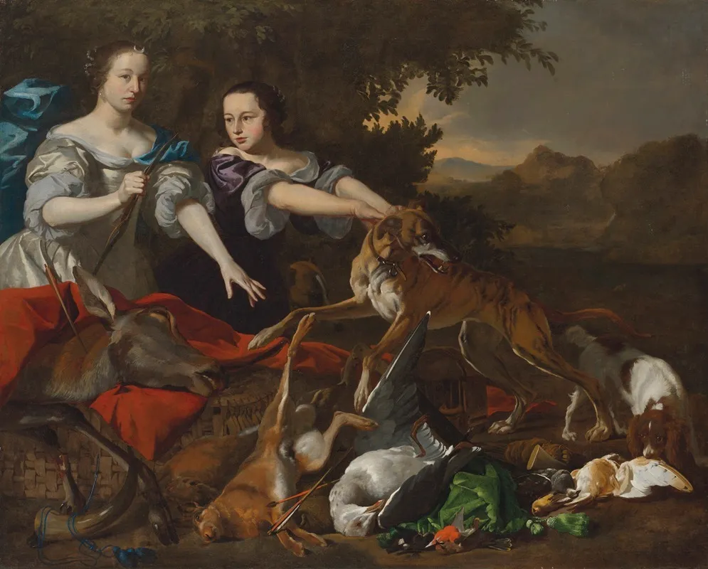 Portrait Of A Lady In As The Goddess Diana And Her Attendant With The Spoils Of The Chase Wall Art by Melchior d'Hondecoeter - High-Resolution Digital Print