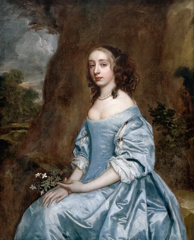 Portrait Of A Lady In Blue Holding A Flower