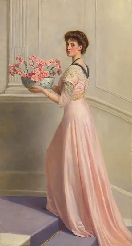 Portrait Of A Lady In Pink Carrying A Bowl Of Pink Carnations