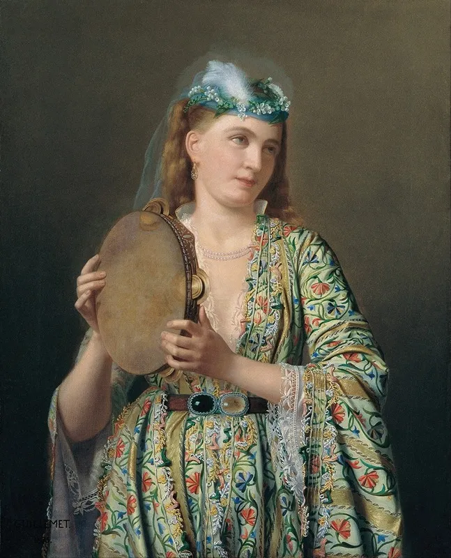 Portrait Of A Lady Of The Court Playing The Tambourine Wall Art by Pierre Désiré Guillemet - High-Resolution Digital Print