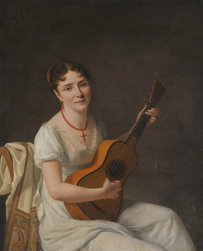 Portrait Of A Lady Seated In An Interior Wearing A White Dress And Playing The Guitar Wall Art by Circle Of François-Xavier Fabre - High-Resolution Digital Print