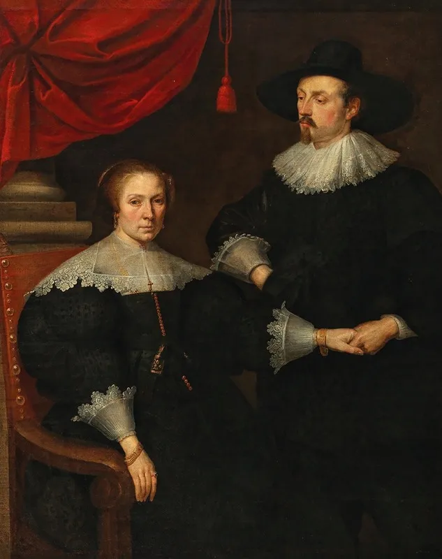 Portrait Of A Lady Seated With A Gentleman Holding Her Hand Wall Art by Antwerp School - High-Resolution Digital Print