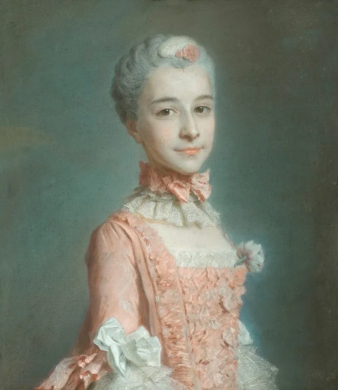 Portrait Of A Lady Wearing A Pink Dress Wall Art by Maurice-Quentin de La Tour - High-Resolution Digital Print