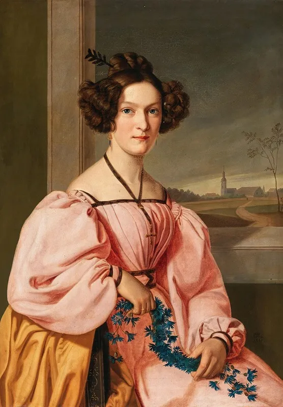 Portrait Of A Lady With A Cornflower Wreath In The Background Belltower Of Leipzig Wall Art by Gustav Adolf Henning - High-Resolution Digital Print