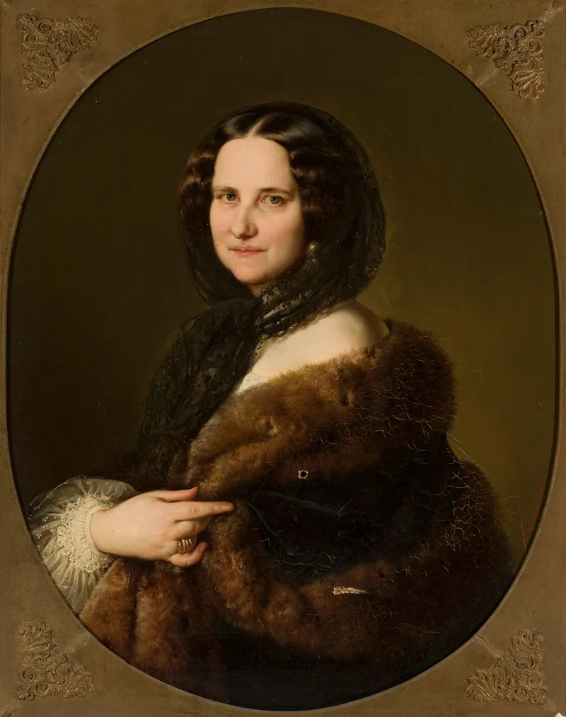 Portrait Of A Lady With A Lacy Black Scarf On Her Head Wall Art by Bergmann - High-Resolution Digital Print