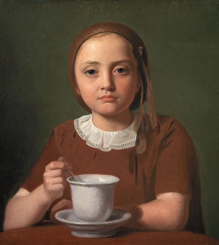 Portrait Of A Little Girl Elise Kobke With A Cup In Front Of Her Wall Art by Constantin Hansen - High-Resolution Digital Print