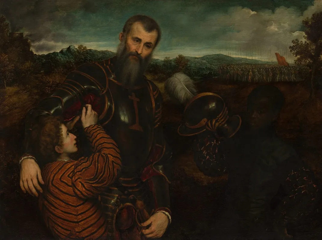 Portrait Of A Man In Armor With Two Pages Wall Art by Paris Bordone - High-Resolution Digital Print
