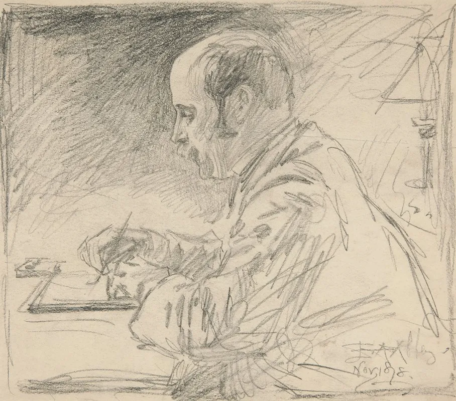 Portrait Of A Man Left Profile Writing At Desk