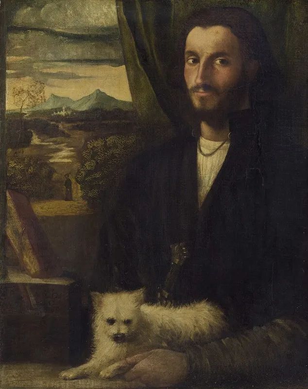 Portrait Of A Man With A Dog Wall Art by Giovanni Cariani - High-Resolution Digital Print