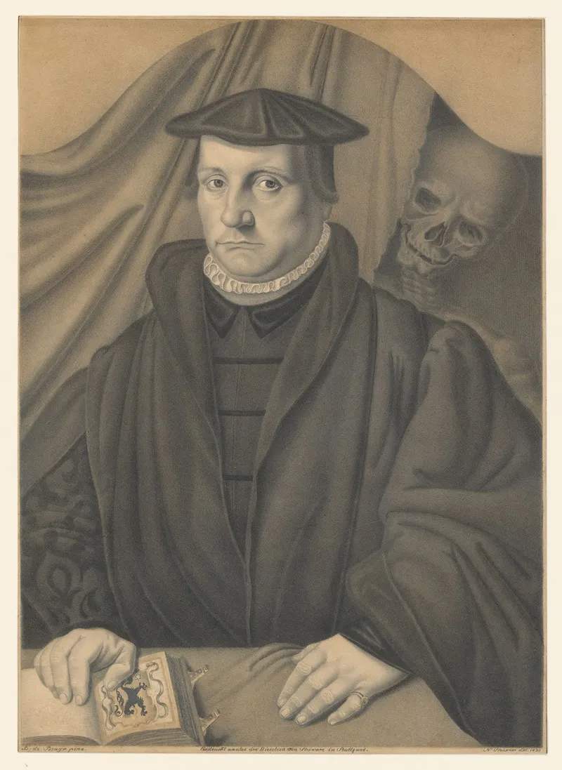Portrait Of A Man With A Skeleton Behind Him Wall Art by Johann Nepomuk Strixner - High-Resolution Digital Print