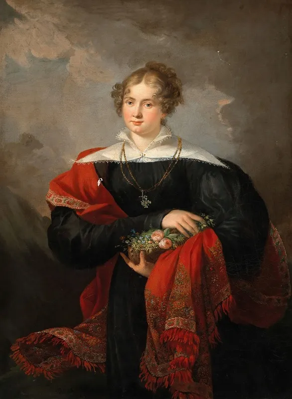 Portrait Of A Noblewoman With Flowers And A Cashemere Shawl Wall Art by Joseph Salomon - High-Resolution Digital Print