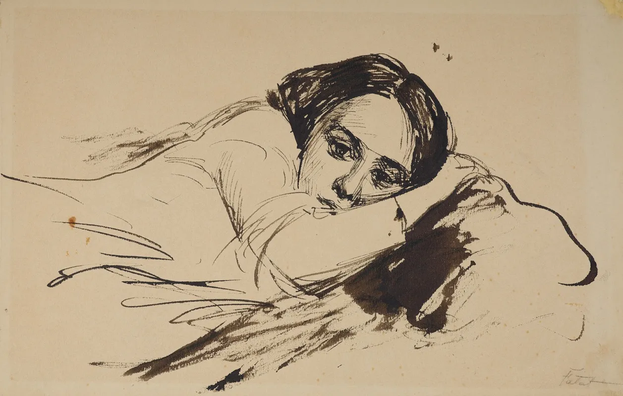 Portrait Of A Reclining Woman Depicted En Face Wall Art by Julian Falat - High-Resolution Digital Print