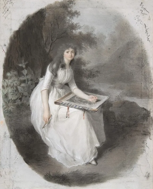 Portrait Of A Seated Young Lady Drawing Under A Tree Late 18th 19th Century Wall Art by Firmin Massot - High-Resolution Digital Print