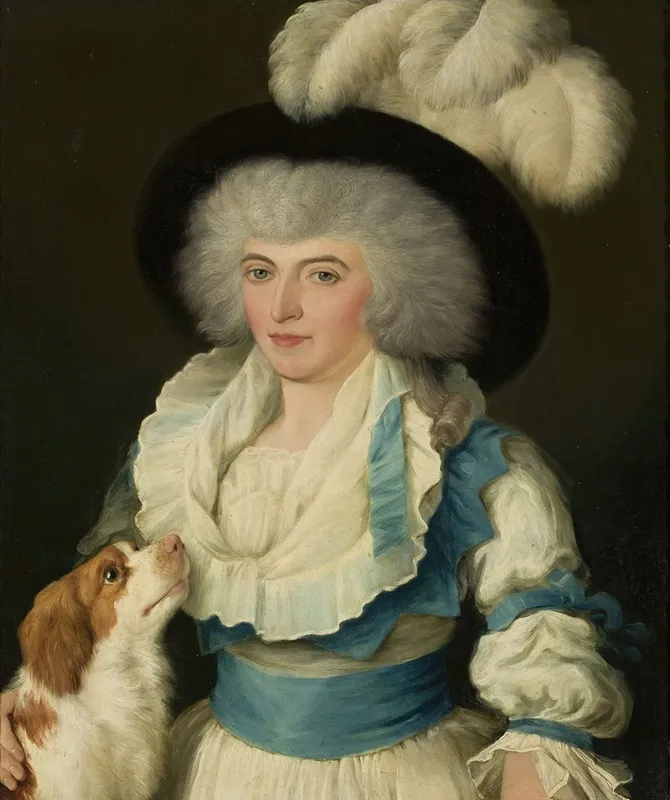 Portrait Of A Woman In A Hat With Ostrich Feathers And A Dog