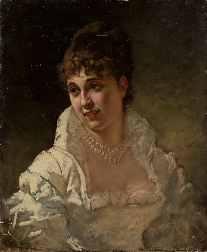 Portrait Of A Woman In A White Dress With Pearls Wall Art by Stefan Bakałowicz - High-Resolution Digital Print