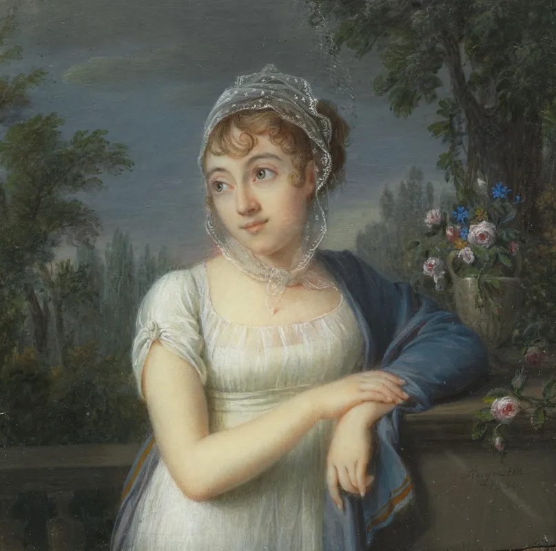 Portrait Of A Woman Near A Balustrade Wall Art by Jean-Baptiste-Jacques Augustin - High-Resolution Digital Print
