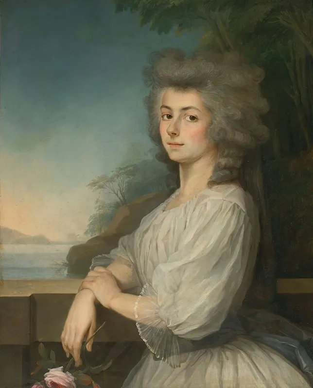 Portrait Of A Woman On A Terrace A Landscape Beyond Wall Art by Antoine Vestier - High-Resolution Digital Print