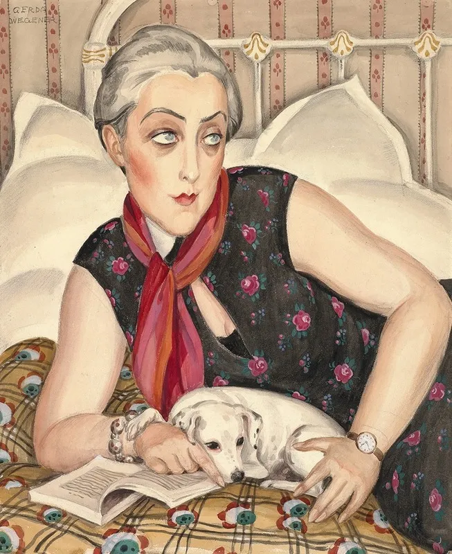 Portrait Of A Woman Reading With A Dog Wall Art by Gerda Wegener - High-Resolution Digital Print
