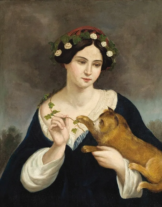 Portrait Of A Woman With A Cat And Ivy Wall Art by Juan Cordero - High-Resolution Digital Print