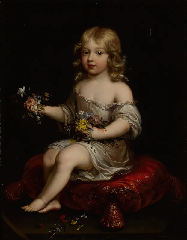 Portrait Of A Young Boy Seated On A Cushion Holding Flowers Wall Art by Follower of Pierre Mignard - High-Resolution Digital Print
