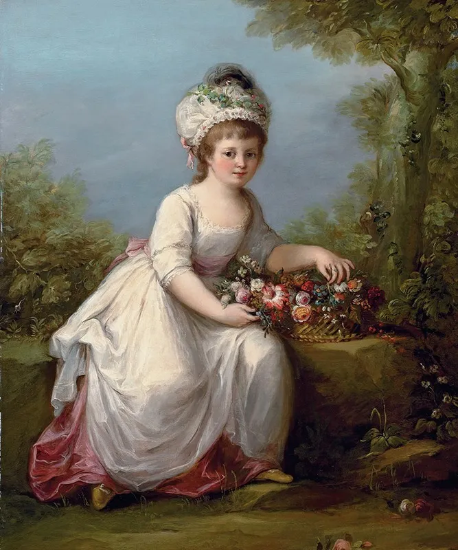Portrait Of A Young Girl Full Length Seated In A White Dress With A Basket Of Flowers In A Landscape Wall Art by Angelica Kauffmann - High-Resolution Digital Print