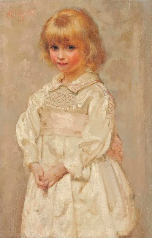 Portrait Of A Young Girl In A Pink And White Smock Dress Wall Art by Arthur Dampier May - High-Resolution Digital Print