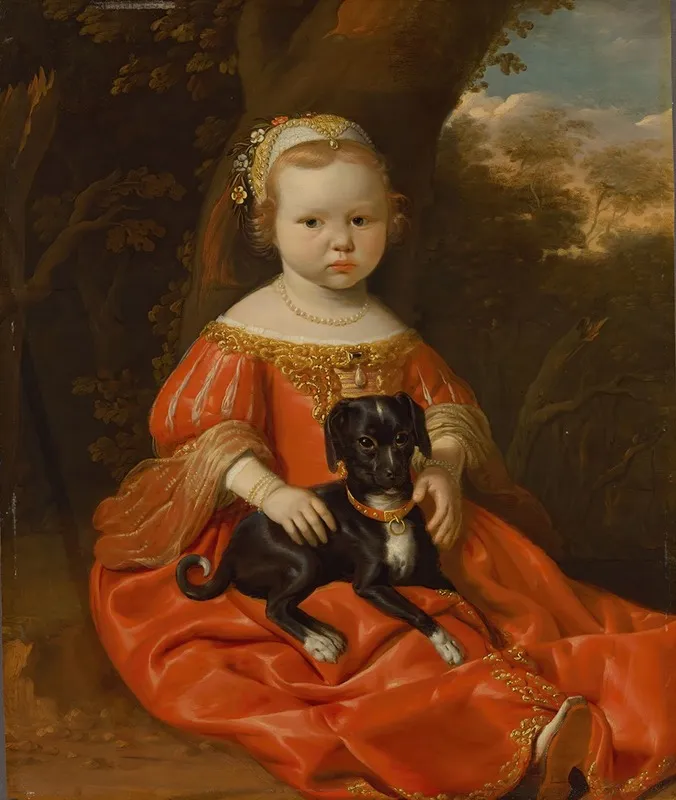 Portrait Of A Young Girl In A Red Dress With Her Dog In A Landscape Wall Art by Jan Jansz. de Stomme - High-Resolution Digital Print