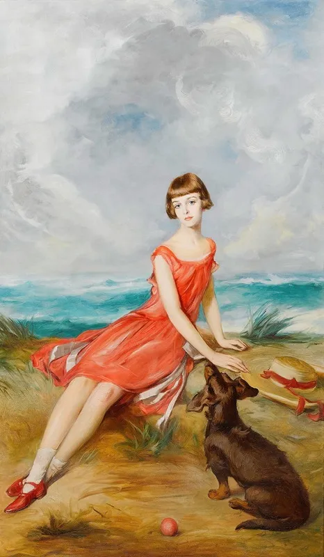 Portrait Of A Young Girl With Her Dog By The Sea Wall Art by Adolf Pirsch - High-Resolution Digital Print