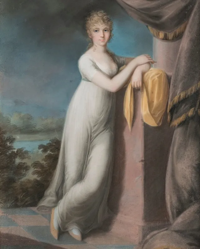Portrait Of A Young Lady Leaning Against A Pedestal A Landscape Beyond Wall Art by Teodoro Matteini - High-Resolution Digital Print