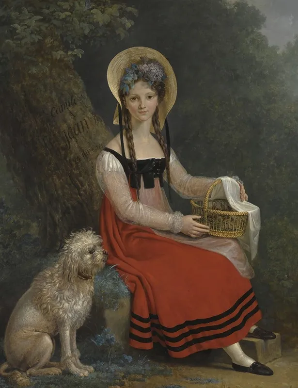 Portrait Of A Young Lady With Her Dog Jean Seated Under A Tree Wall Art by Swiss School - High-Resolution Digital Print
