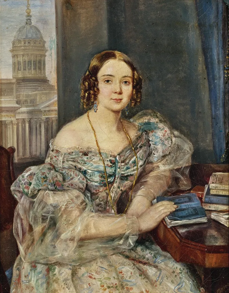 Portrait Of A Young Lady With The Kazan Cathedral In St Petersburg In The Background Wall Art by Pimen Nikitich Orlov - High-Resolution Digital Print