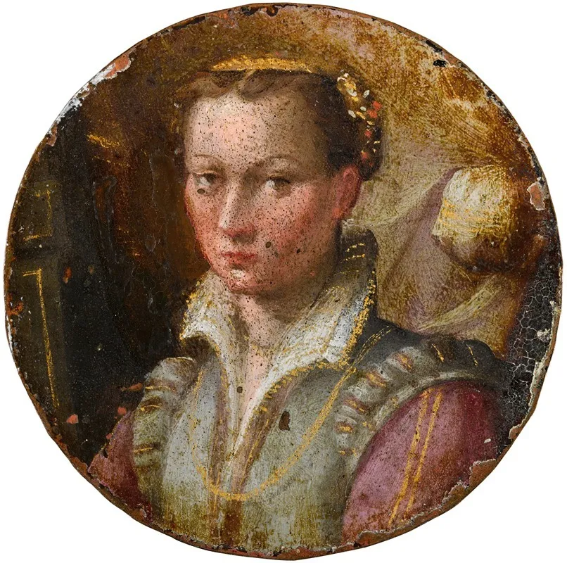 Portrait Of A Young Woman Bust Length In A Green Dress With Pink Sleeves Wall Art by Lavinia Fontana - High-Resolution Digital Print