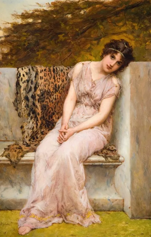 Portrait Of A Young Woman Sitting On Marble Seat Wall Art by William Oliver - High-Resolution Digital Print