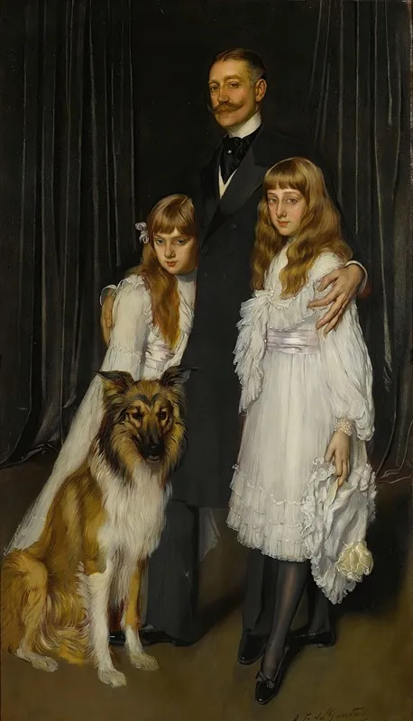 Portrait Of Ambassador Del Solar And His Children Wall Art by Antonio de La Gandara - High-Resolution Digital Print