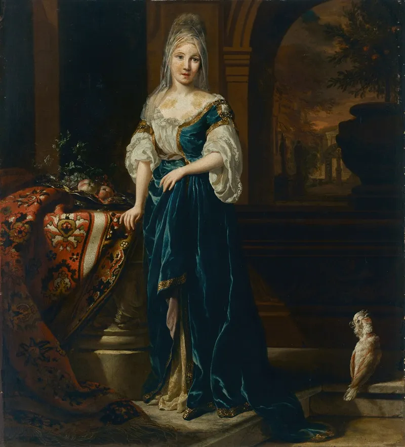 Portrait Of An Elegantly Dressed Young Woman In An Interior Wall Art by Jan Weenix - High-Resolution Digital Print