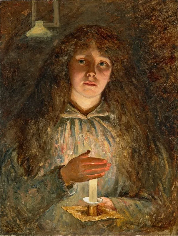 Portrait Of Annie The Artists Wife Holding A Candle Wall Art by Robert Jobling - High-Resolution Digital Print