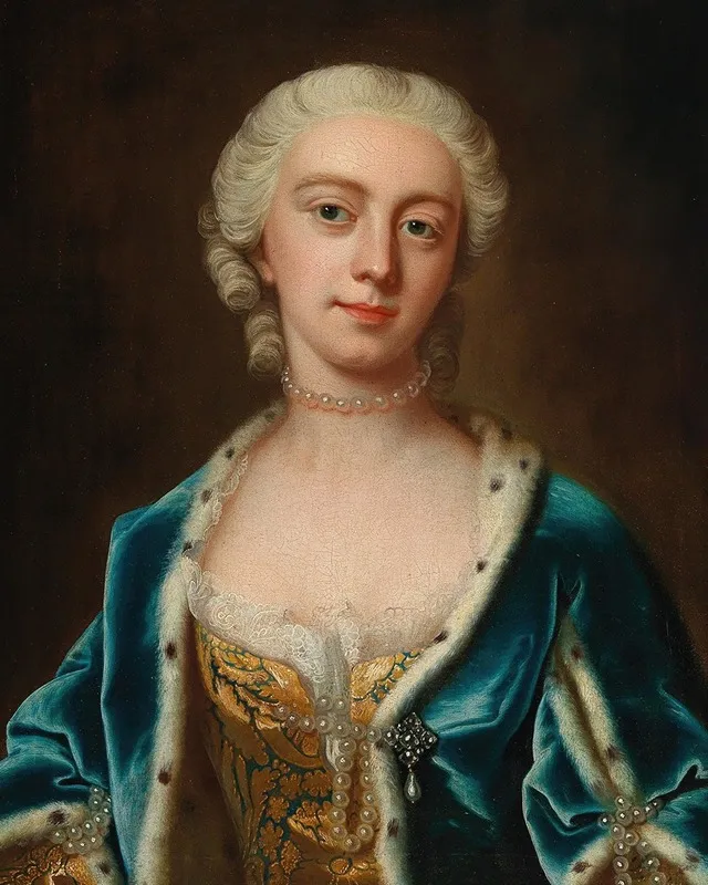 Portrait Of Augusta Princess Of Wales Wearing Pearls And An Ermine Lined Blue Cloak Wall Art by Barthélémy du Pan - High-Resolution Digital Print