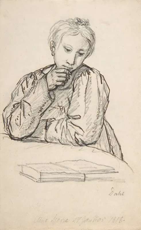 Portrait Of Eline Marie Heger As A Child Leaning On A Table Looking At A Book Wall Art by Johan Christian Dahl - High-Resolution Digital Print