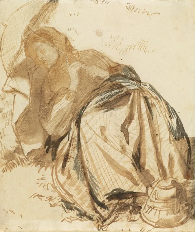 Portrait Of Elizabeth Siddal Resting Holding A Parasol Wall Art by Dante Gabriel Rossetti - High-Resolution Digital Print