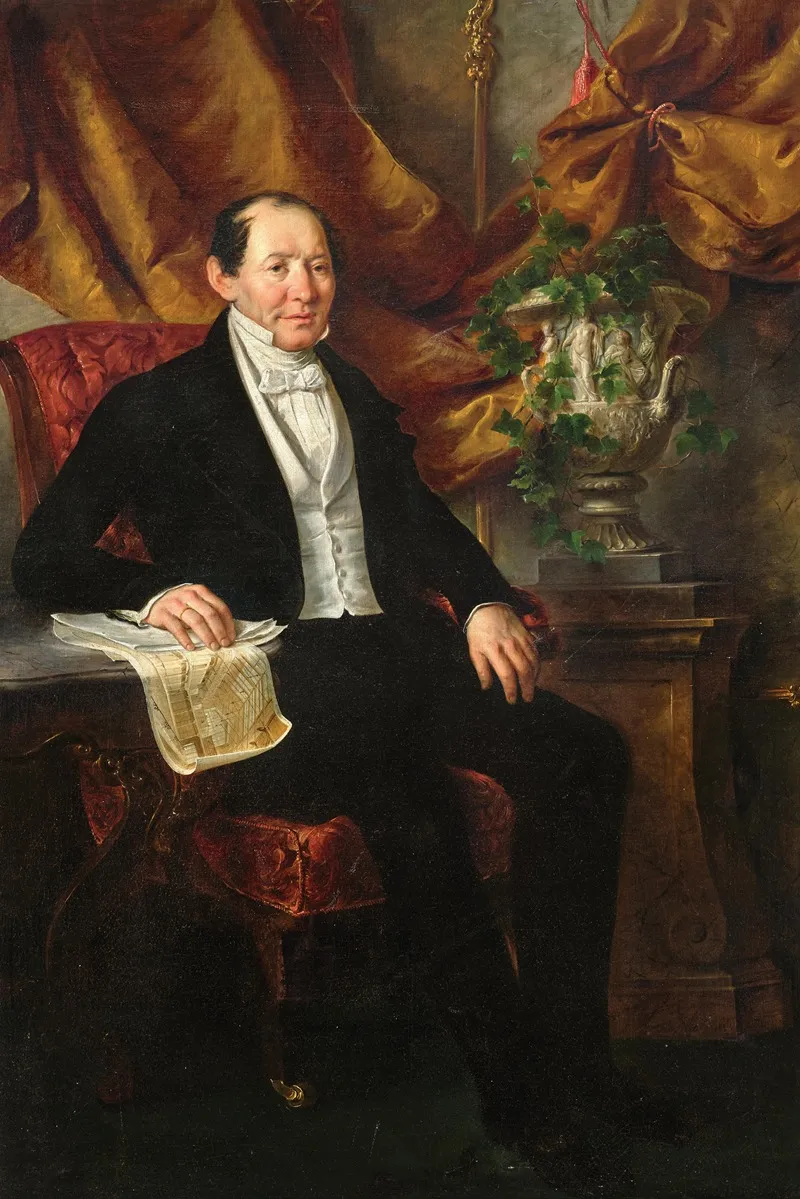 Portrait Of Franz Morawetz Raudnitz 1789 1868 Vienna With The Construction Plan Of The Sofienbad Wall Art by Friedrich Schilcher - High-Resolution Digital Print