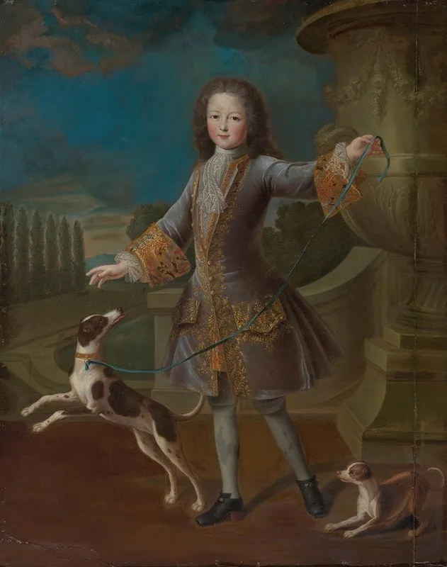 Portrait Of Louis Xv With Two Dogs Wall Art by Pierre Gobert - High-Resolution Digital Print