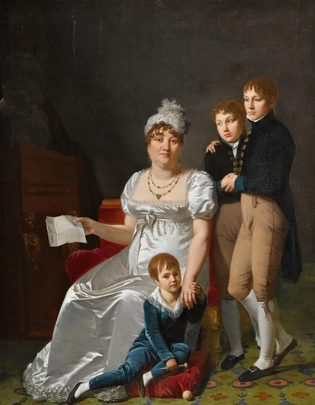Portrait Of Madame B Nee Etiennette Delagrange With Her Three Sons Wall Art by Jacques Antoine Vallin - High-Resolution Digital Print