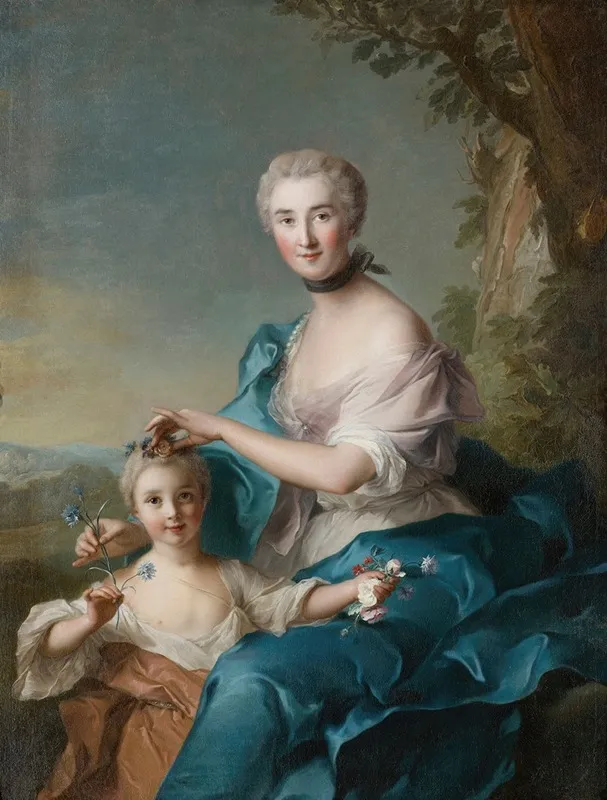 Portrait Of Madame Crozat De Thiers And Her Daughter Wall Art by Jean-Marc Nattier - High-Resolution Digital Print