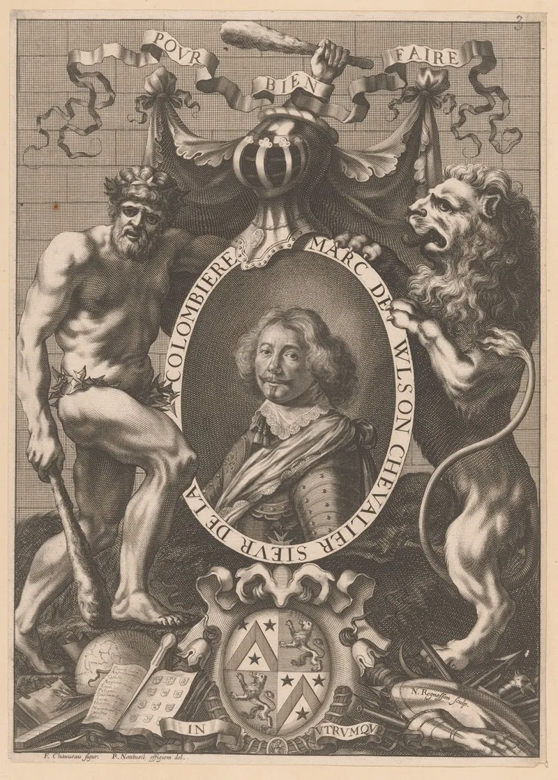 Portrait Of Marc De Vulson Flanked By A Wild Man And A Lion