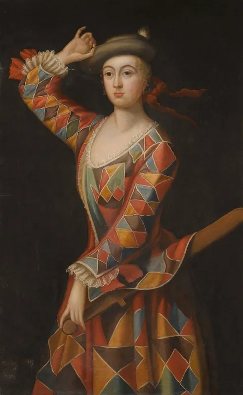 Portrait Of Mrs Hester Booth Nee Santlow C 1690 1773 Dressed As A Harlequin Wall Art by John Ellys - High-Resolution Digital Print