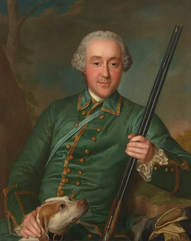 Portrait Of Nicholas Anne De Lisle With A Rifle And Hunting Dog Wall Art by Marianne Loir - High-Resolution Digital Print