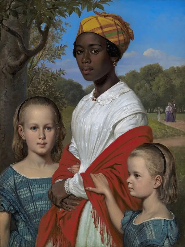 Portrait Of Otto Marstrands Two Daughters And Their West Indian Nanny Justina Antoine In The Frederiksberg Gardens Near Copenhagen Wall Art by Wilhelm Marstrand - High-Resolution Digital Print