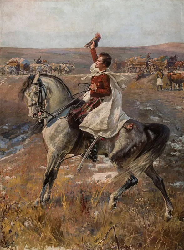 Portrait Of Petofi On Horseback With A Line Of Carts In The Background